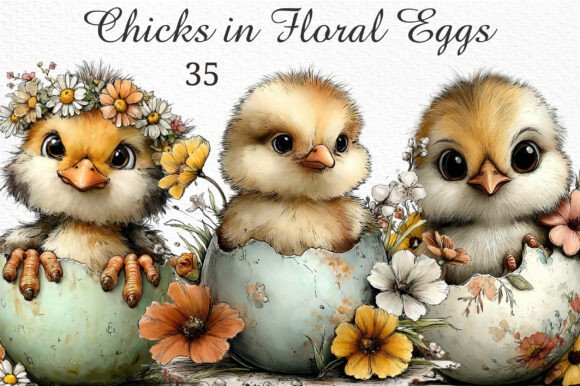 Chicks in Floral Eggs Clipart Png: Spring Design