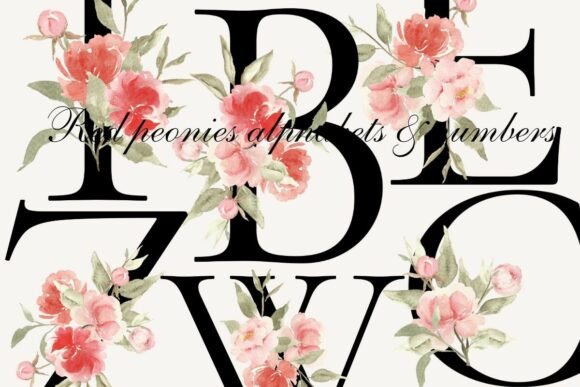 Red Watercolor Floral Alphabets & Numbers