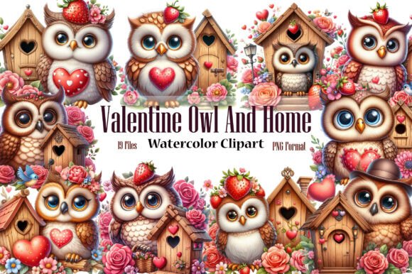 Watercolor Valentine Owl and Home Clipart: A Creative Asset for DIY Enthusiasts