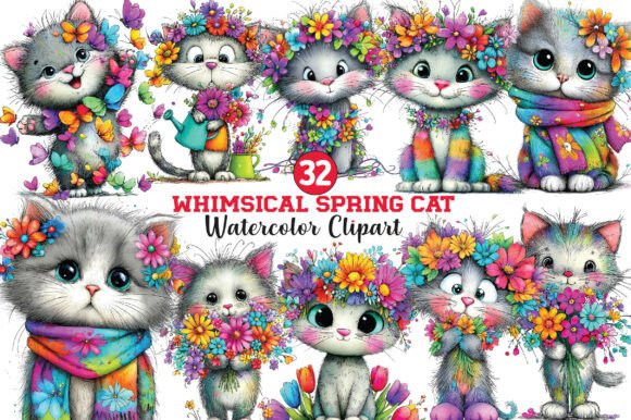 Whimsical Spring Floral Cats PNG Bundle: Elevate Your Seasonal Designs